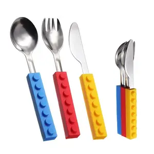 Wholesale high Lego building block knife, fork and spoon silicone handle utensil cutlery set child and baby cutlery flatware set