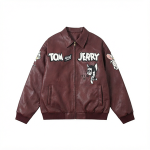 Blouson Bomber en Cuir pour Homme, Col Montant, Fermeture Éclair, Logo, Style Décontracté Streetwear, Vêtement d'Extérieur pour l'Automne - Product Image 1