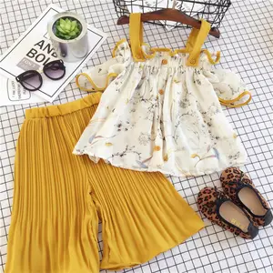 Baby Meisje Zomer Sets Tweedelige Outfits Hoge Taille Bell-Bottoms + Bloemen Chiffon Zon-top Baby Kleding meisje Kinderen Dragen Groothandel