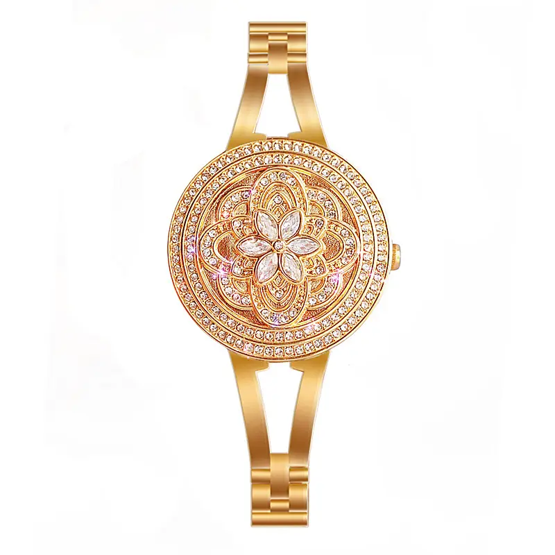 Luxury Fashion Beautiful Diamond Flower Retro Ladies Quartz Wristwatches Small Clock Silver Gold Bangle Bracelet Women Watches