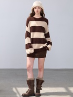 Pull-over ample à col rond pour femme en cachemire pur à 100 %, rayé, vintage, avec ourlet et poignets côtelés, chaud et doux pour l'hiver