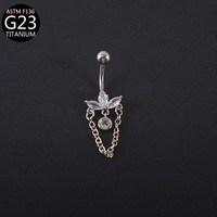 Q10322 Piercing de nombril unisexe en titane G23 hypoallergénique avec chaîne en forme de cœur et zircon