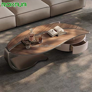 Tavolino da Caffè con Design a <span class=keywords><strong>Foglia</strong></span>, Base in Metallo Dorato e Piano in Legno Massello, <span class=keywords><strong>Tavolo</strong></span> da Tè in Stile Moderno con Cassetto - Product Image 1