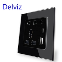 Panneau en verre de cristal Delviz 13A prise de courant, AC 110V ~ 250V, port USBA + USBC 2A, contrôle marche-arrêt, prise murale USB universelle de type C