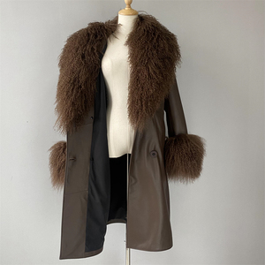 Cappotto <span class=keywords><strong>in</strong></span> Vera <span class=keywords><strong>Pelle</strong></span> di Pecora con Collo <span class=keywords><strong>in</strong></span> Pelliccia Naturale di Agnello Mongolo, Giacca di Lusso per <span class=keywords><strong>Donna</strong></span> - Product Image 5