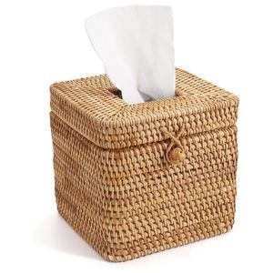 Eco-friendly Rattan Square Tissue Box Cover, Decorative Woven Facial Tissue Holder with Hinged Top Lid, Natural Color