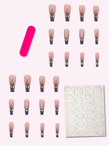 Vente en gros usine – 24 <span class=keywords><strong>faux</strong></span> ongles ABS de haute qualité, faciles à poser, motif flamme noire, style French long ballet, finition mate - Product Image 2