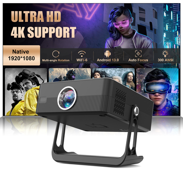 K7 Portable 4K Projector Bright 300 ANSI Lumen Movies with Android 14 Smart TV Fast Dual WiFi Auto Focus and Integrated Sound