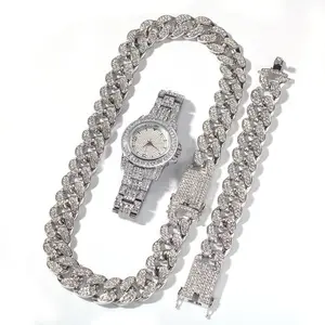 Hiphop Sieraden Iced Out Sets Rhinestone Gold Diamond Horloge Cubaanse Chain Link Ketting Met Armband Voor Mannen Gift