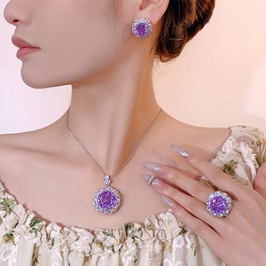 High-end Eco-friendly Copper <b>Women</b> Floral Design Jewelry <b>Set</b> Rose Cut 18-16mm Purple Cubic Zirconia Pendant Earrings <b>Ring</b> <b>Set</b> - Product Image 6