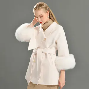 Зимнее женское Шерстяное Пальто, роскошное натуральное шерстяное пальто с манжетами из лисьего меха, Кашемировое шерстяное пальто из альпаки