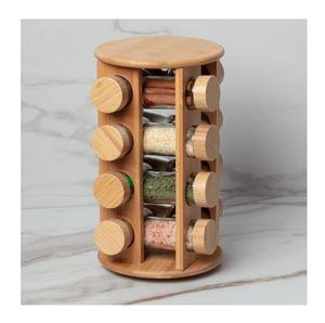 Estante de almacenamiento de botellas de jarabe grueso rústico, estante de especias de encimera de bambú redondo giratorio, organizador giratorio de jarabe cuadrado - Product Image 4