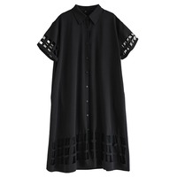 Nouvelle Robe Chemise Noire d'Été pour Femme 2026, Coupe Ample, Manches Courtes, Dentelle Ajourée, Ourlet en Maille Transparente, Coupe Trapèze Midi