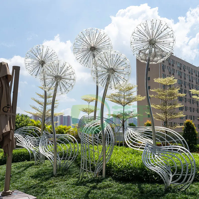 आउटडोर रचनात्मक मूर्तिकला परिदृश्य कला बगीचे वर्ग सजावट धातु Dandelion स्टेनलेस स्टील मूर्तिकला
