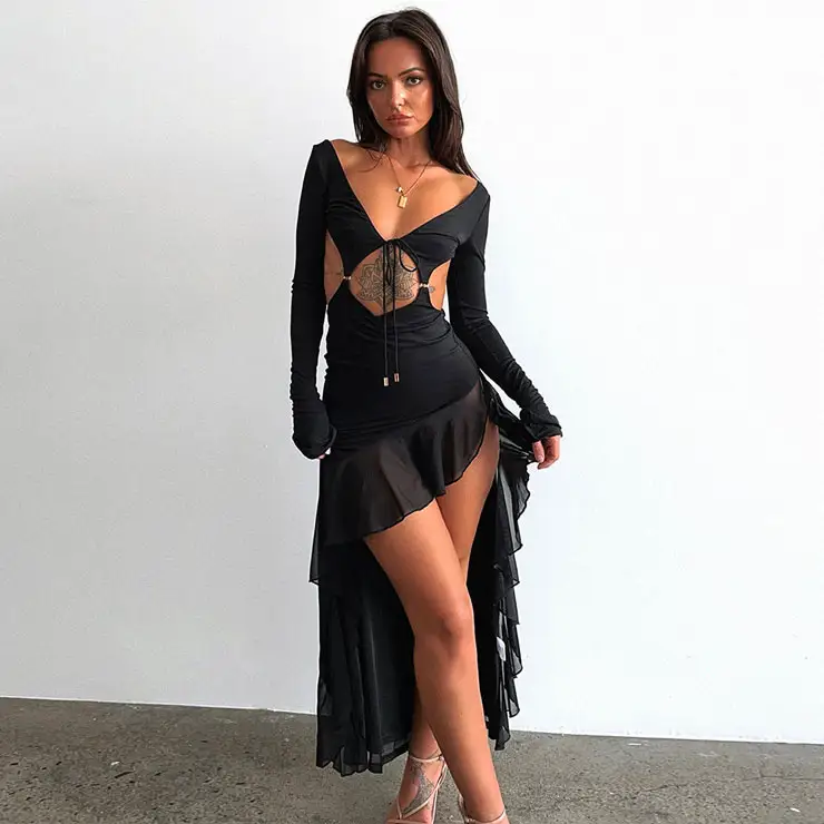 Ruffles Hollow Out Full Sleeve Backless Summer Long Dress Women Sexy Tie Up Low Cut Club Party Dresses