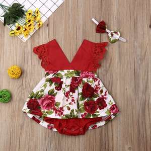 Vêtements pour bébé, combinaison d'été en dentelle rouge rose, robe sans manches à fleurs, robe de bébé élégante avec bandeau - Product Image 2
