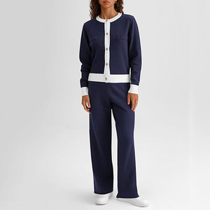 Ensemble de chandail décontracté pour femme avec logo personnalisé 2025, mode automne et hiver, cardigan, pantalon large, deux pièces. - Product Image 1
