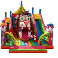 Structure gonflable combinée toboggan et château à rebondir sur le thème du lion de cirque et du clown, multicolore, pour enfants, aire de jeux d'aventure de carnaval, pour fêtes et usage commercial