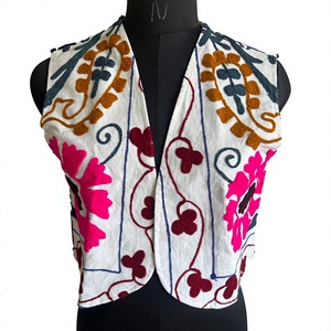 <b>Floral</b> Hand-Embroidered Short Open-Front Vest Artisan Bohemian <b>Waistcoat</b> Multicolour Cotton Eco-Friendly Breathable Tradit - Product Image 1