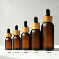 Flacon en PET ambré liquide pour soins de la peau bio avec col en bambou, flacon compte-gouttes en plastique vide, emballage pour sérum cosmétique