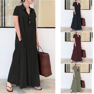 Nouveau et Style coton et lin couleur unie col <span class=keywords><strong>polo</strong></span> manches courtes poche Simple ample décontracté longue chemise robe - Product Image 1
