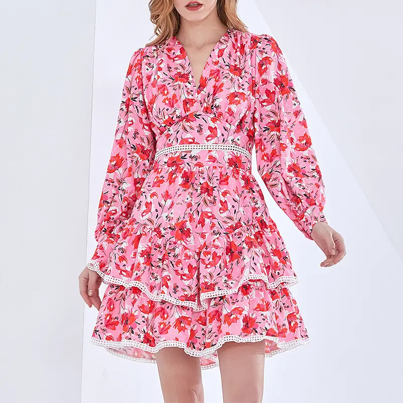 Robe élégante pour femme, robe mi-longue papillon, col en V, manches mi-longues, motifs floraux, rouge, tendance, été