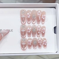 Qy Faux Ongles à Presser Faits Main, Motif Fleur de Pêcher Peint à la Main, Effet Œil de Chat, Zirconium, 10 Pièces, Ongles Acryliques Longs Ovale Ballerine, Vente en Gros