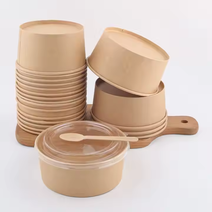 Biodegradable Kraft Paper Bowl with Lid Disposable Take-Away Packaging for Salad Food Food Safe Paper Plates Bowls