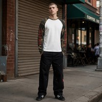 T-shirt à manches longues pour homme, style streetwear, avec logo personnalisé, patchwork colorblock, motif camouflage gaufré 320 GSM