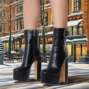 <b>Women</b> Western <b>Winter</b> Thermal Metal Buckle High Platform Chunky Heels Short <b>Boots</b> Round Toe Side Zipper <b>Ankle</b> <b>Boots</b> - Product Image 2