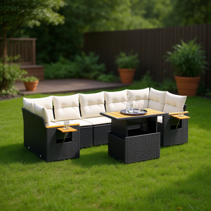 Cream White And Black Garden <b>Sofa</b> Set With Table 6 Seater Outdoor Furniture <b>Rattan</b> Wicker Contemporary Design - Product Image 2