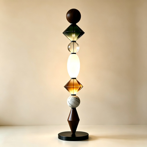 Lámpara de Pie Geométrica Moderna, Lámpara de Pie Decorativa de Vidrio Artístico, Madera y Mármol para Sala de Estar, Dormitorio, Hotel - Product Image 1