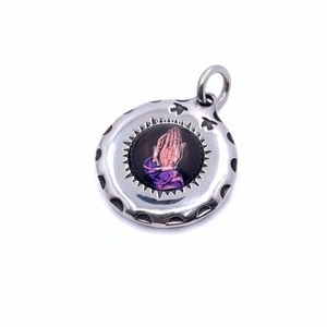 Prayer Hand Pendant Stainless Steel Round Charm Bezel Setting Themed Pendants Gift <b>Necklace</b> 216079 - Product Image 1