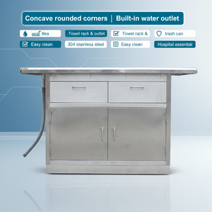 Table d'examen vétérinaire <span class=keywords><strong>en</strong></span> acier inoxydable EUR VET 1400x650x850mm avec coins arrondis concaves, sortie d'eau, porte-serviettes, poubelle et tiroir - Product Image 1