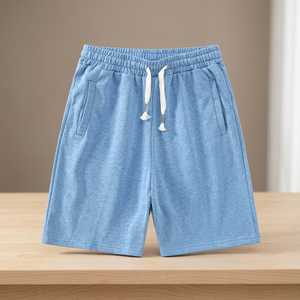 Shorts Bermuda décontractés pour hommes en coton uni avec poches, taille élastique, cordon de serrage, respirants, coupe mi-haute - Product Image 2