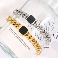 Bracelet chaîne cubaine plaqué or 18 carats en acier inoxydable avec breloque carrée en émail noir, étanche et inaltérable, pour femmes et hommes