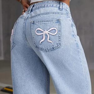 Quần jeans ống đứng cao chống nước Họa Tiết Anh đào cho nữ quần denim thoáng khí dáng rộng vừa vặn cho mùa hè cạp cao có logo - Product Image 3