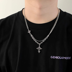 Collana con Ciondolo a Croce Gotica in Acciaio al Titanio Placcato Argento Stile Hip-Hop Punk, Collana a Doppio Strato per Uomo - Product Image 5