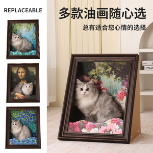 Lit pour chat en bois avec tableau Mona Lisa, griffoir, cadre photo, plaque à griffer, <span class=keywords><strong>maison</strong></span> pour chat, motif peinture célèbre mondiale, style vintage, tout-en-un - Product Image 3