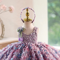 Robe Tutu à Paillettes pour Filles, Robe de Soirée Sans Manches à Pétales 3D, Tenue de Princesse Violette avec Nœud Papillon au Dos pour Enfants