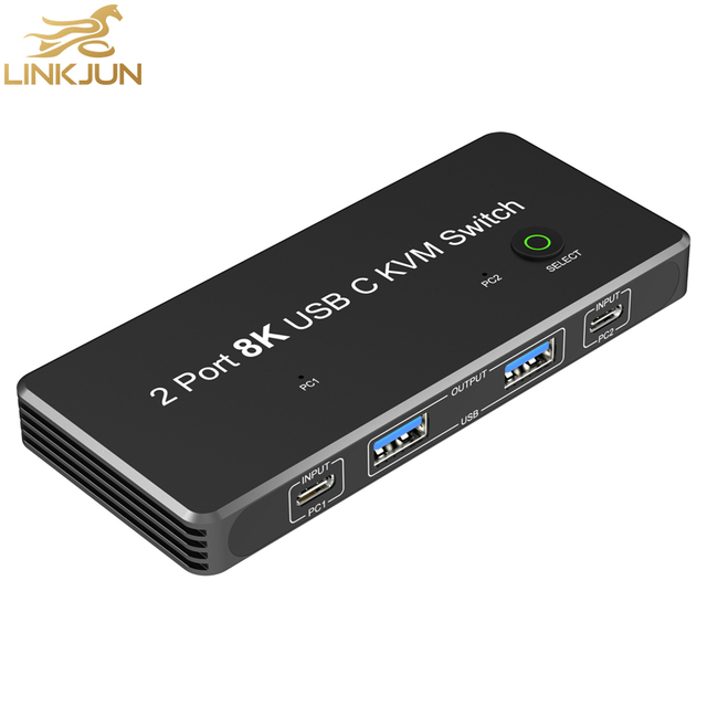 KVM Switch with 8K 60Hz/4K 120Hz USB C Display-Port 1.4 USB 2.0 Type C 2 Input & 4 Output Video/Audio for Laptop Mobile Phone