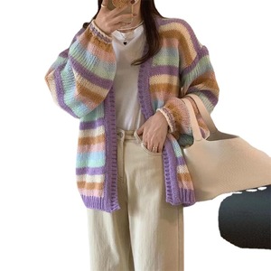 <b>Rainbow</b> Striped Knit Cardigan Women Loose Fit Color Block <b>Sweater</b> Coat Autumn Korean Style One Size Purple And Pink - Product Image 5