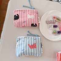 Tas perlengkapan mandi wanita, tas dompet koin penyortir untuk wanita, tas perlengkapan rias kecantikan Mini, Organizer ritsleting, gambar kucing lucu, katun, Logo kustom