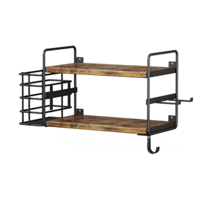 Mensola porta asciugacapelli a 2 livelli in legno rustico da parete, organizer da bagno con cestello in filo metallico - Ingrosso - Product Image 5