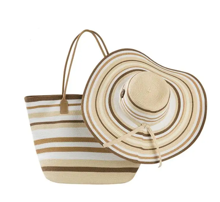 Sombrero de Panamá de paja de diseño personalizado, bolso de mano, bolsa de playa de paja de papel, conjunto de sombrero de verano, venta al por mayor