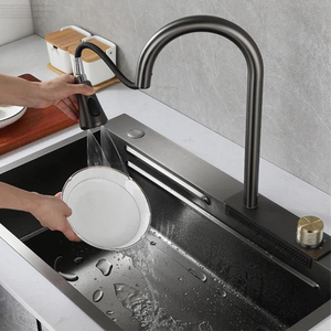 Lavello da <span class=keywords><strong>Cucina</strong></span> Rettangolare Fatto a Mano in Acciaio Inox SUS304 con Cascata, Doppia Vasca e Rubinetto Monoforo - Product Image 3