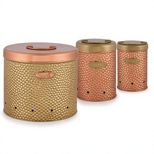 Round Classic Kitchen Storage Containers Set of 3 Metal <b>Jars</b> With Lid Potato, Onion & <b>Garlic</b> Food Safe - Product Image 1