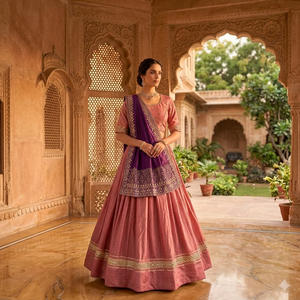 Lehenga Choli Rosa Bordado para Mujer con Dupatta Morado, Traje Étnico de Diseñador para Bodas y Fiestas Tradicionales - Product Image 1