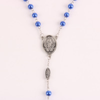 Nouveau style Collier de perles rondes bleues imitation perle avec pendentif croix, ensemble chapelet Vierge Marie, cadeau tendance