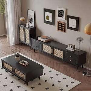 Mueble de TV y mesa de centro de ratán estilo retro francés para sala de estar, estilo Wabi Sabi, negro, con almacenamiento. - Product Image 3